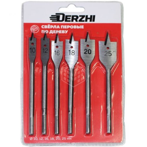 Набор перовых свёрл по дереву 6шт Derzhi, 10,12,16,18,20,25 мм  картинка